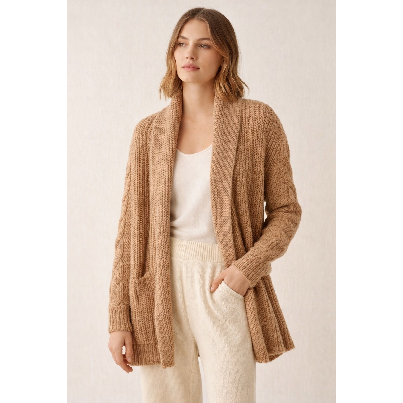 Haven Well Within Open Front Chunky Knit Cardigan Cable Accents M Quiet Luxury